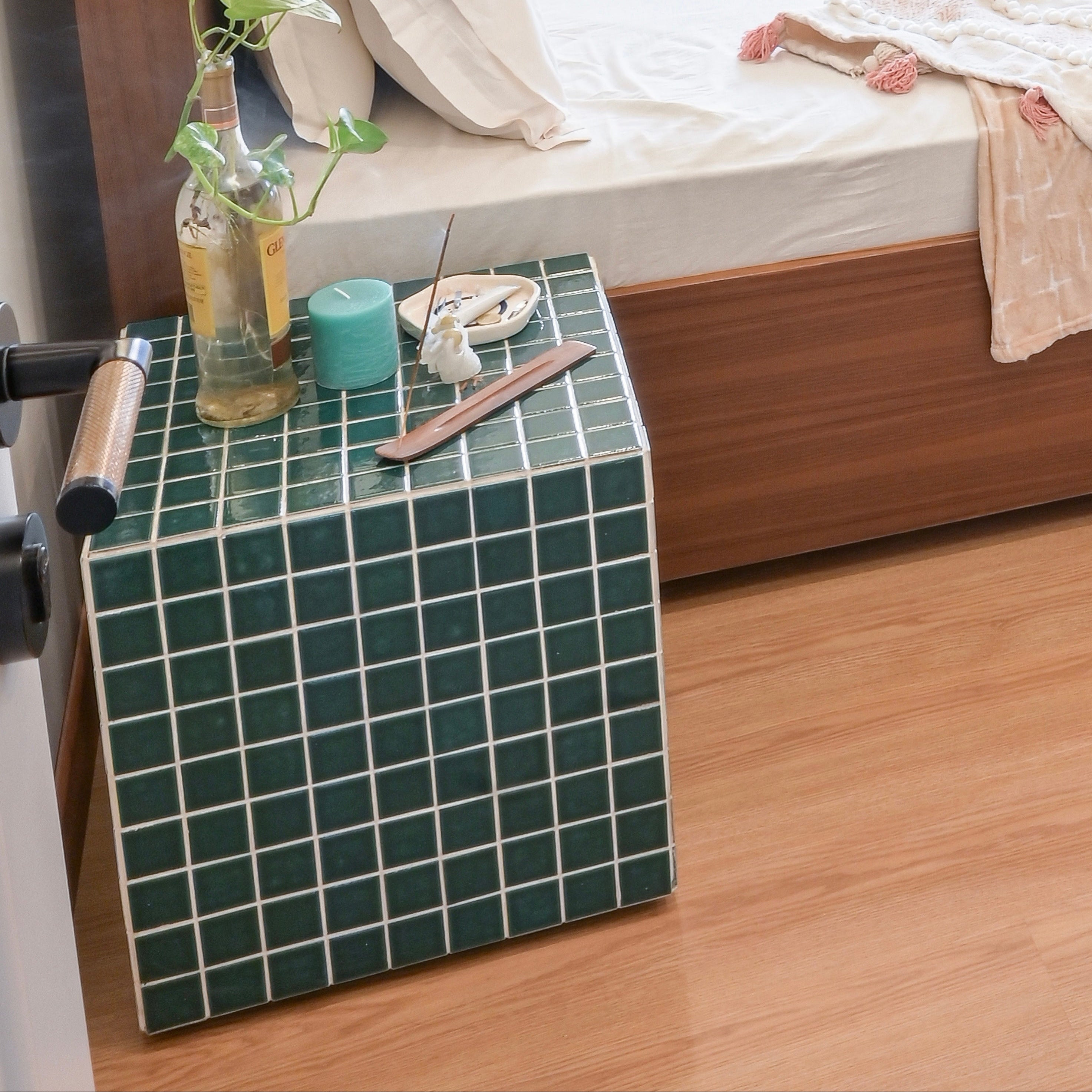 Handmade tile cube side table